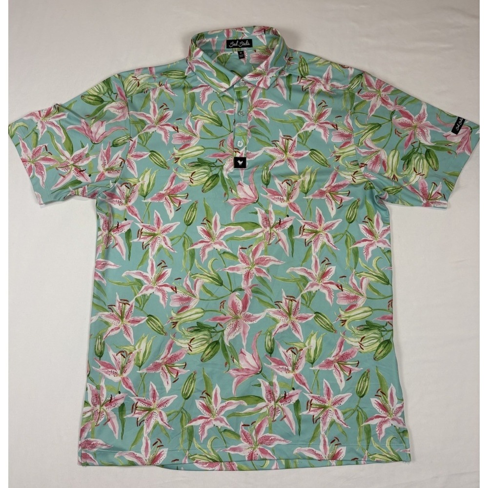 Bad Birdie Mens Medium Floral All Over Print Short Sleeve Golf Polo Performance - Picture 2 of 10